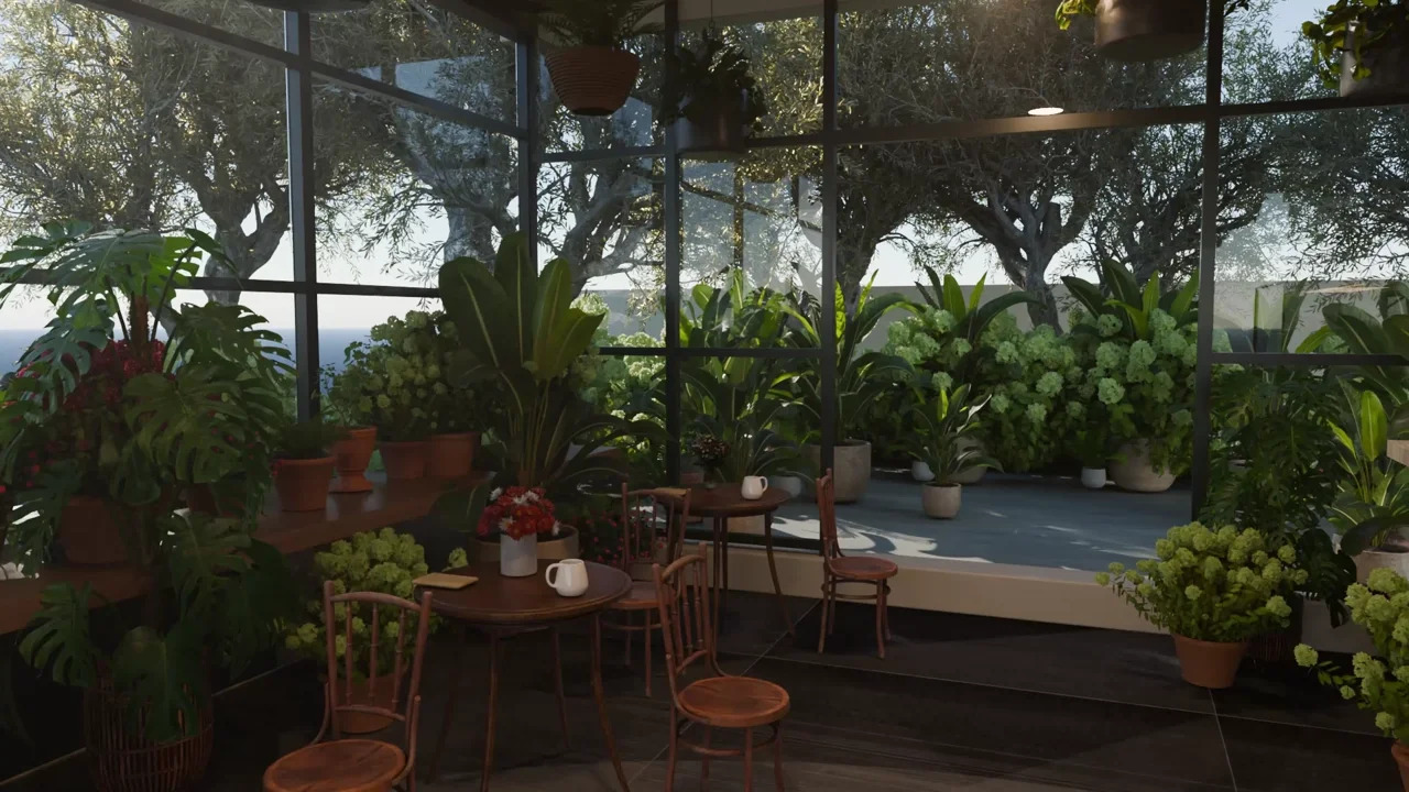 カフェの植栽と窓を見せるカメラの場面